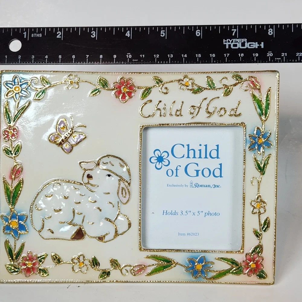 Enamel Child Of‎ God Picture Frame Floral Lamb  3.5x5 Photo Baby Nursery Retro